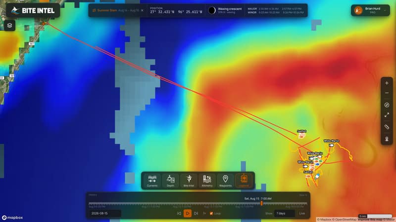 A real Gulf trip replayed in Bite Intel: the Texas coast at top left, a red trackline running from the beach out to the south-east across satellite sea-surface temperature, ending in a knot of catch pins over a warm eddy.